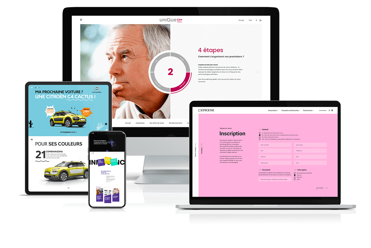 Ordinateur avec création de site, tablette avec site responsive, carte de visite et brochures réalisés par l'agence de communication igeneve