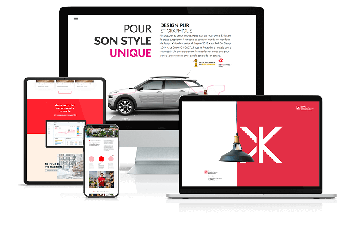 Ordinateur avec création de site, tablette avec site responsive, carte de visite et brochures réalisés par l'agence de communication igeneve