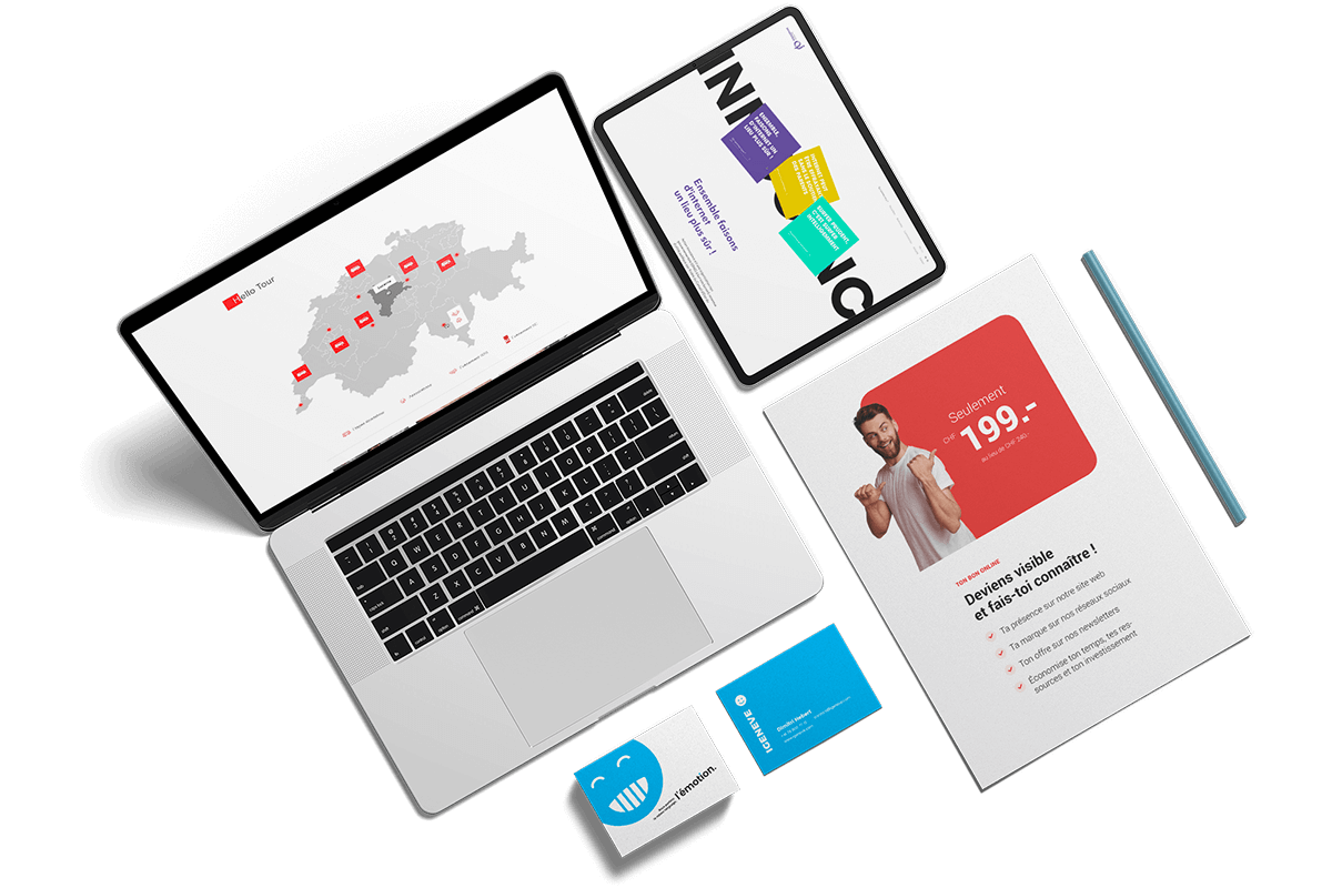 Ordinateur avec création de site, tablette avec site responsive, carte de visite et brochures réalisés par l'agence de communication igeneve