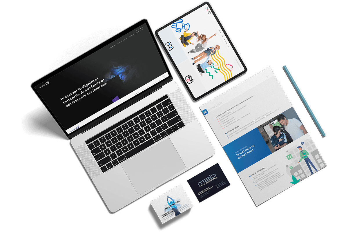 Ordinateur avec création de site, tablette avec site responsive, carte de visite et brochures réalisés par l'agence de communication igeneve